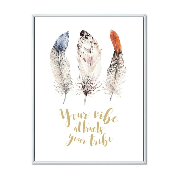 Designart 'Your Vibe Attracts Your Tribe Ethnic Feathers II' Bohemian & Eclectic Framed Canvas Wall Art Print