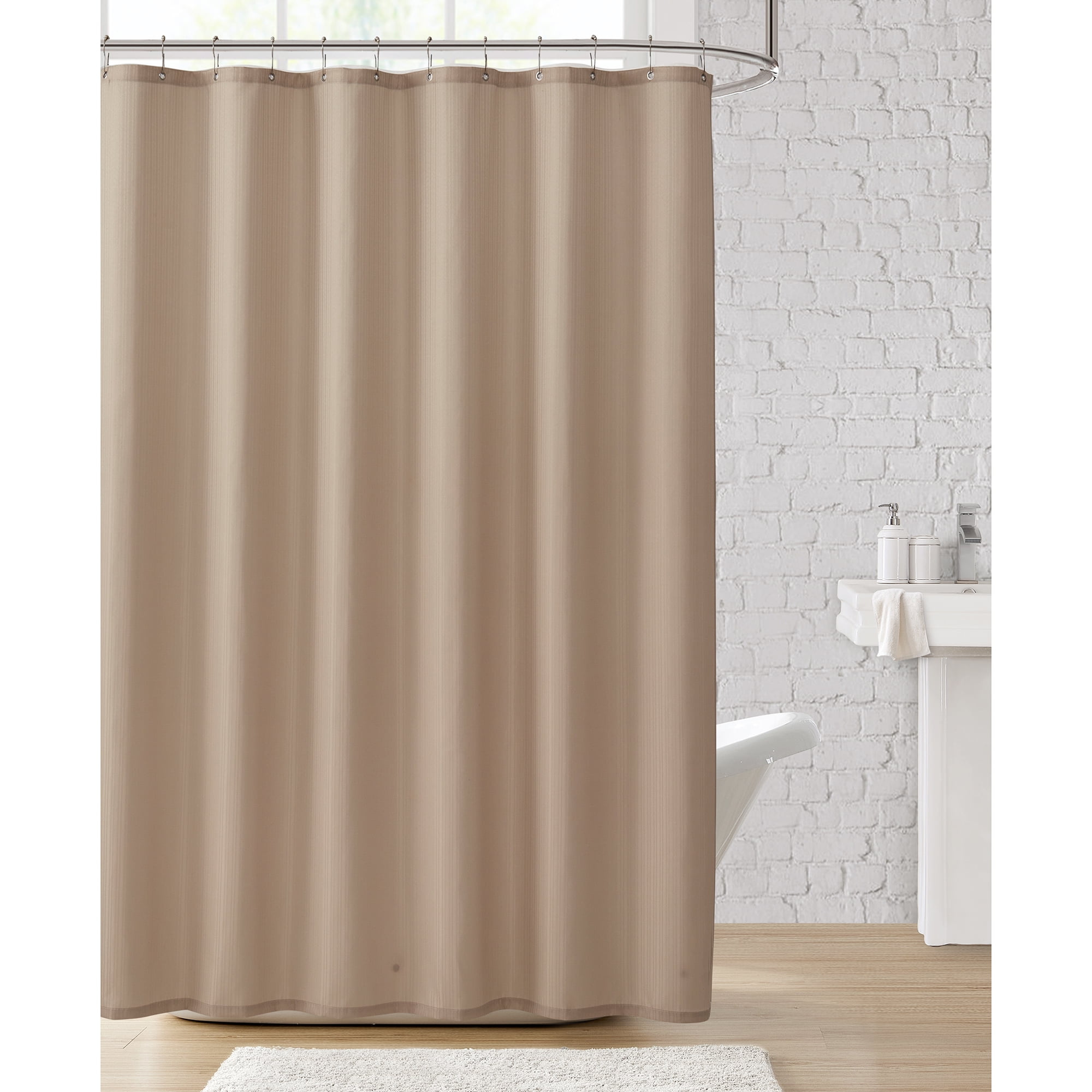 Clorox 100% Polyester Shower Curtain Set with Waterproof PEVA Liner and 12 Metal Hooks (Tan)