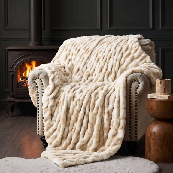 WDCOZY Ruched Faux Fur Throw Blanket, Bubble Plush Blanket with Soft Fleece Backing, Cozy Decorative Blanket for Couch, Sofa and Bed, Caramel, 50" x 60"
