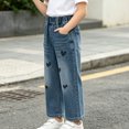 thumbnail image 4 of Spazoro Girls Denim Pants with Pockets, Loose Fit Heart Print Elastic Waist Straight Leg Pull On Sparkling Accents Casual Trousers for Daily Wear Blue Size 2-3T, 4 of 9