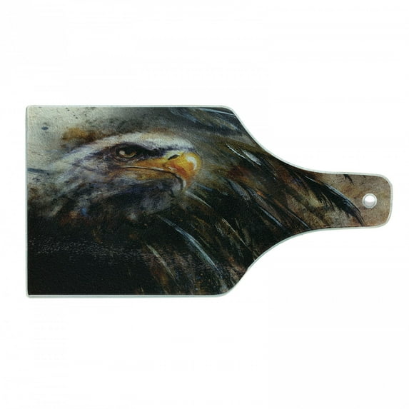 Eagle Cutting Board, Painting Style Bird Dark Feathers on Abstract Backdrop of USA, Decorative Tempered Glass Cutting and Serving Board, Wine Bottle Shape, Brown Black Orange, by Ambesonne