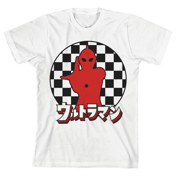 Ultraman Red Character Silhouette with Checkered Background and Kanji Title Youth White Short Sleeve Tee-Medium