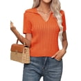 thumbnail image 2 of Women's V Neck Short Sleeve Collared Cable Sweaters Tops Solid Knit Soft Pullover Shirt Top for Casual Tangerine Color S, 2 of 10