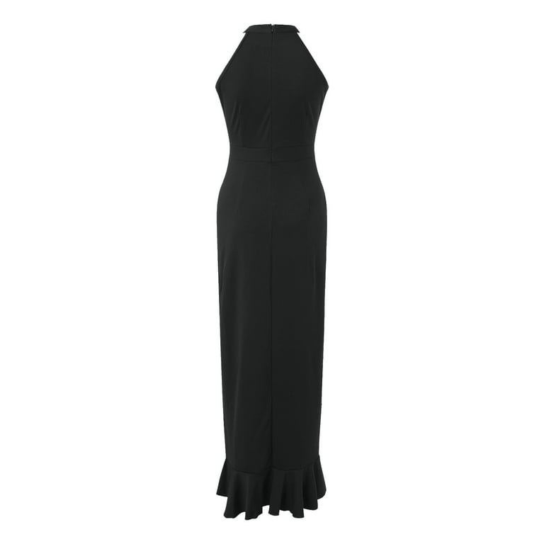 FINALGANG Women's Solid Color Sleeveless Maxi Dress Turtleneck Asymmetric  Ruffled Hem High Slit Dress Formal Party Prom Daily Dress