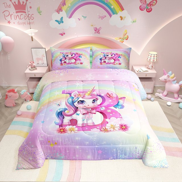 Erosebridal Ensembles de Couette Licorne Rose Format Grand, Couettes et Duvets Lettre Initiale B, Déco Florale, Réversible 3 Pcs