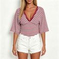 thumbnail image 2 of vigerkar Women Y2K Striped V Neck Cinched Waist Tops Batwing Sleeve Backless Shirt | Short Sleeve Ruched Crop Tops, Open Back Fitted Tee Shirt, Summer Going Out (Wine, L), 2 of 7