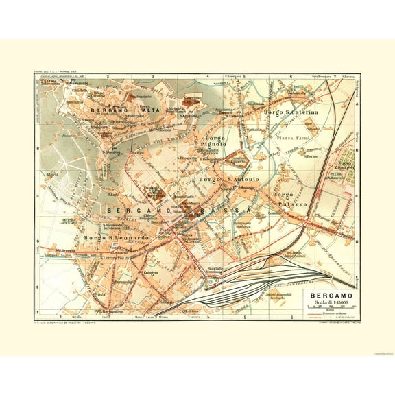 Historic Map - Bergamo Italy - Bertarelli 1914 - 28.68 x 23 - Vintage Wall Art