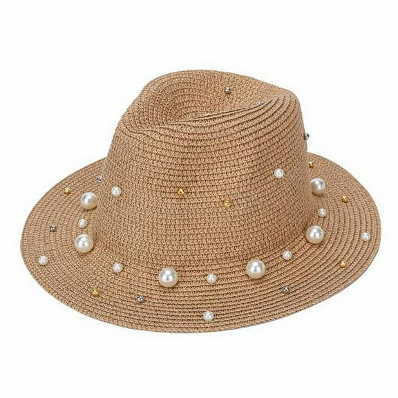Pearl Beads Fedora Straw Hat Elegant Khaki & Metallic