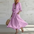 thumbnail image 2 of Lmueinov Women's 100% Polyester V Neck 3/4 Sleeve Maxi Dress, Adjustable Tie Waist Flowy A-Line Long Dress with Pockets for Beach Vacation Casual Wear S-3XL, 2 of 5