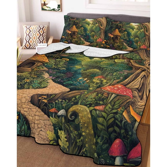 Forest Twin XL Size Down Alternative Comforter, Lightweight Comforter Quilt Bedding Set with Pillow Shams Vintage Cottage Mushroom Tree Floral Green All Seasons Bed Comforter Duvet Insert 68"x98"