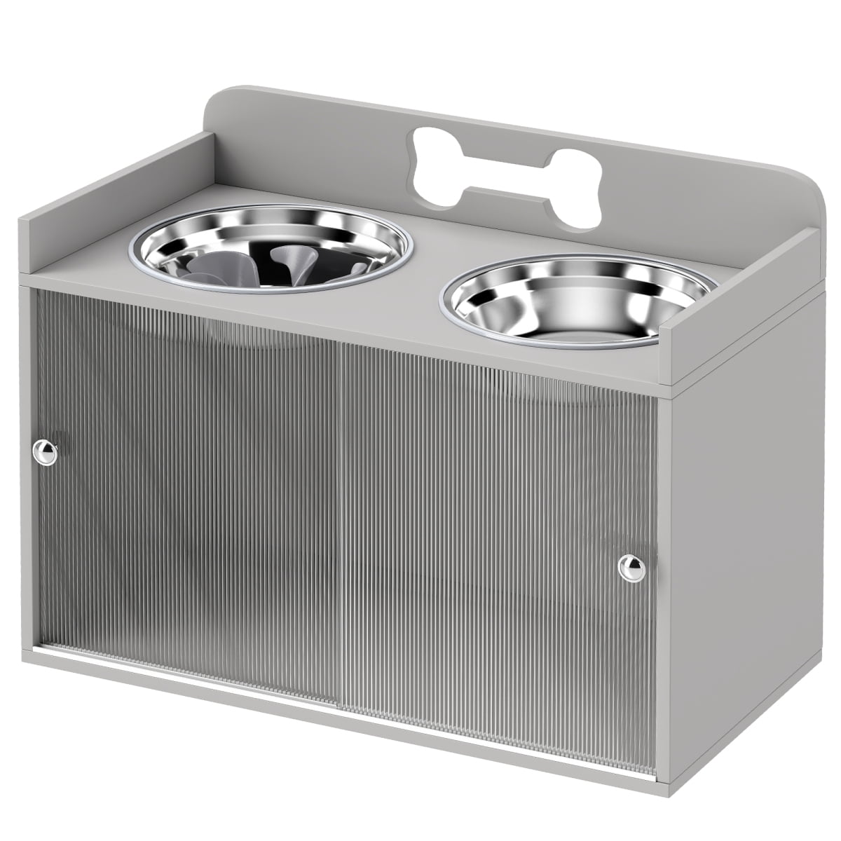Elevated Dog Bowls with 2 Stainless Steel Bowls (Slow Feeder & Water Bowl) 13.2 Gal Hidden Storage 13.8" Ergonomic Height for Large Dogs (19.7"-23.6" Shoulder) Gray Stylish Feeding Station