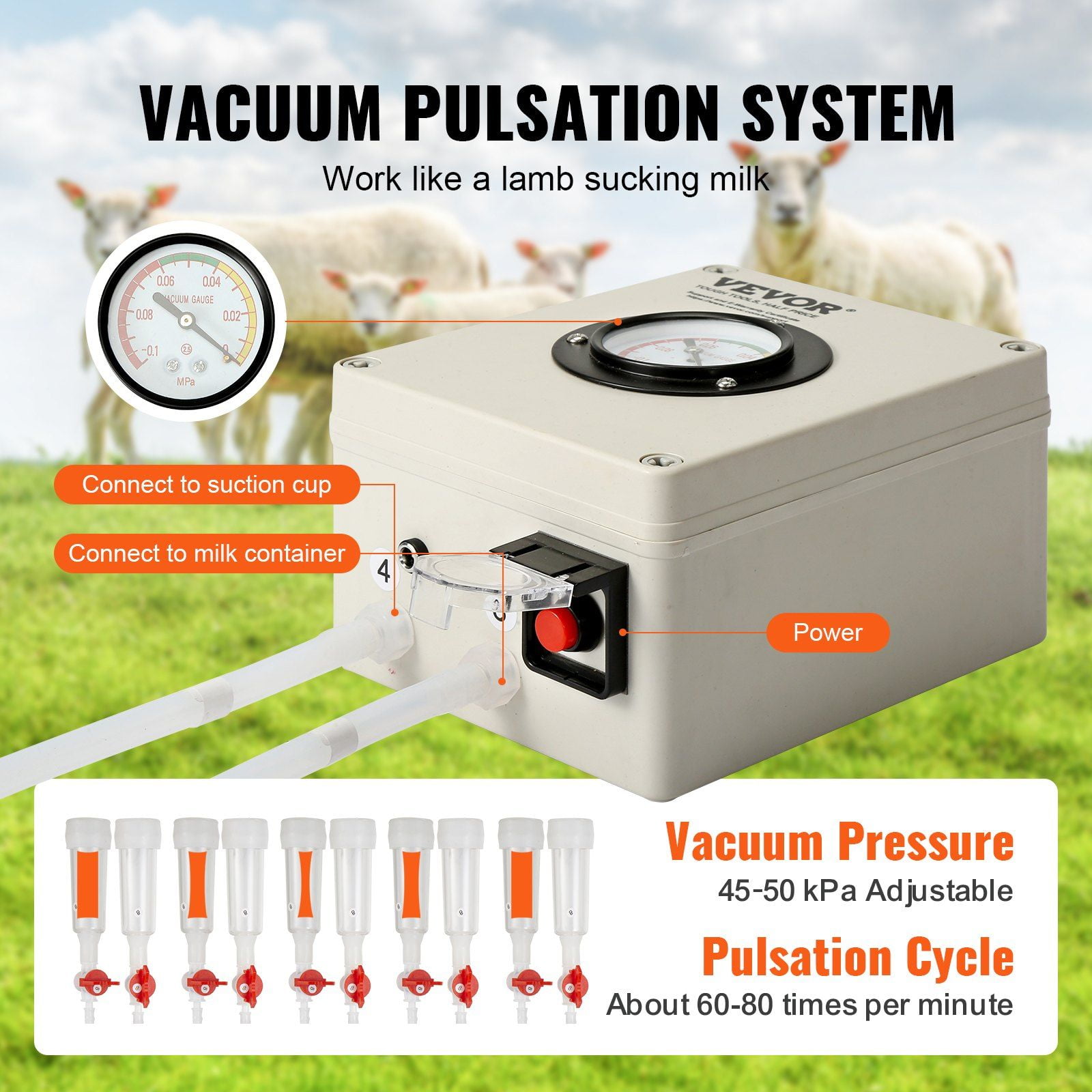 Automatic Adjustable Vacuum Milker Portable for Goats, Cows, Sheep, 304 Stainless Steel, Pulsation System, Food-Grade Silicone Accessories, 6L