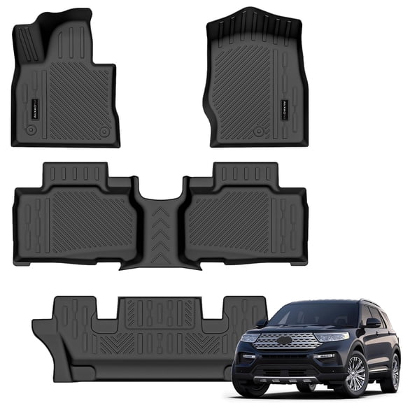 Auxko All Weather Floor Mats Fit for Ford Explorer 2020-2024 2025 2026 6 Seat TPE Rubber Liners Set Explorer Accessories All Season Guard Odorless Anti-Slip 3 Row Floor Mats
