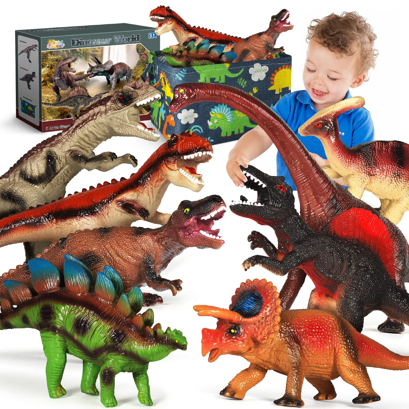 8 Pcs Dinosaur Toys with Storage Basket for Kids 35,12 Inches
