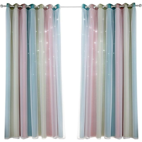 Double layered hollow star shaped curtains for children, double layered star shaped curtains for girls' bedrooms, colored children's rooms with curtains, children's blackout curtains