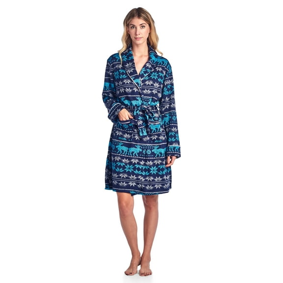 Ashford & Brooks Women's Sweater Fleece Printed Lounge Robe - Fairisle Moose Aqua