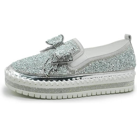 Women's Casual Fashion Platform Rhinestones Glitter Slip On Sneakers Cute Bowknot Flat Walking Loafers Platform Dress Shoes