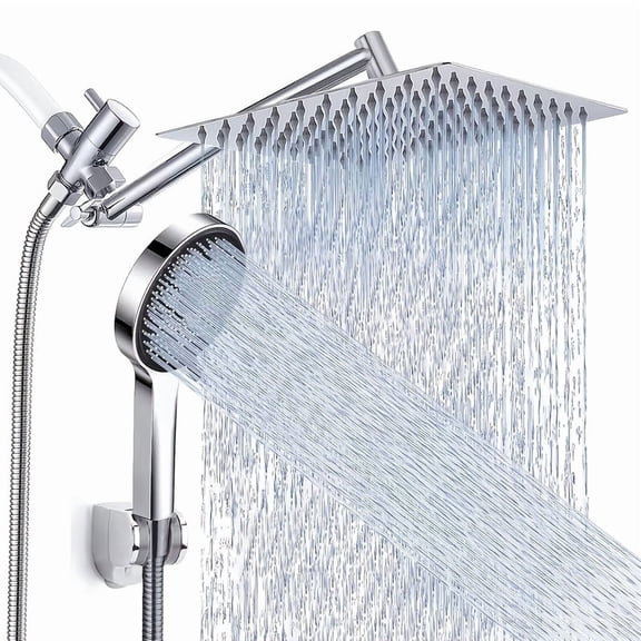 High Pressure Rainfall & Handheld Shower Head Combo with 11 Inch Extension Arm, 9 Spray Settings, Adjustable Height Angle Anti-Leak Showerhead with Holder, Chrome & Matte Black Finishes