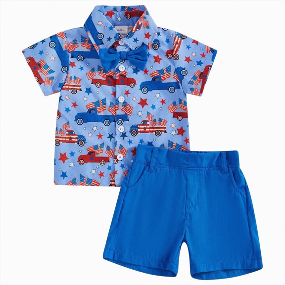 CAICJ98 Toddler Boy 4th Of July Outfit Baby Boy Fourth Of July American Flag Short Sleeve T Shirt Shorts Set Infant Summer Gentleman Clothes (Blue,2-3 Years)