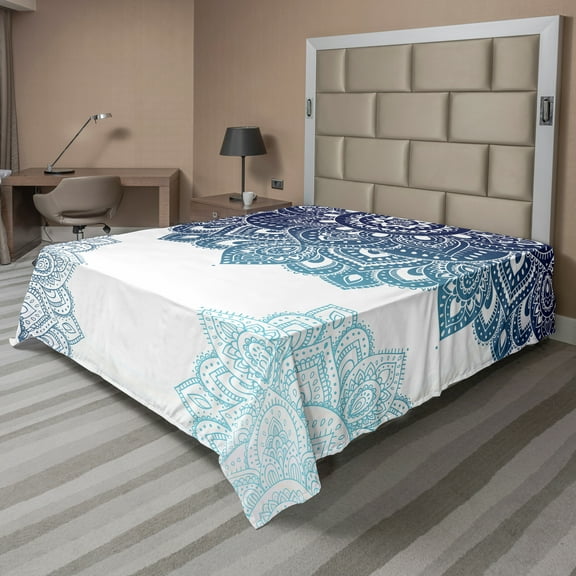 Ambesonne Flora Flat Sheet, Vibrant Colored Mandala, California King, Pale Blue Dark Blue