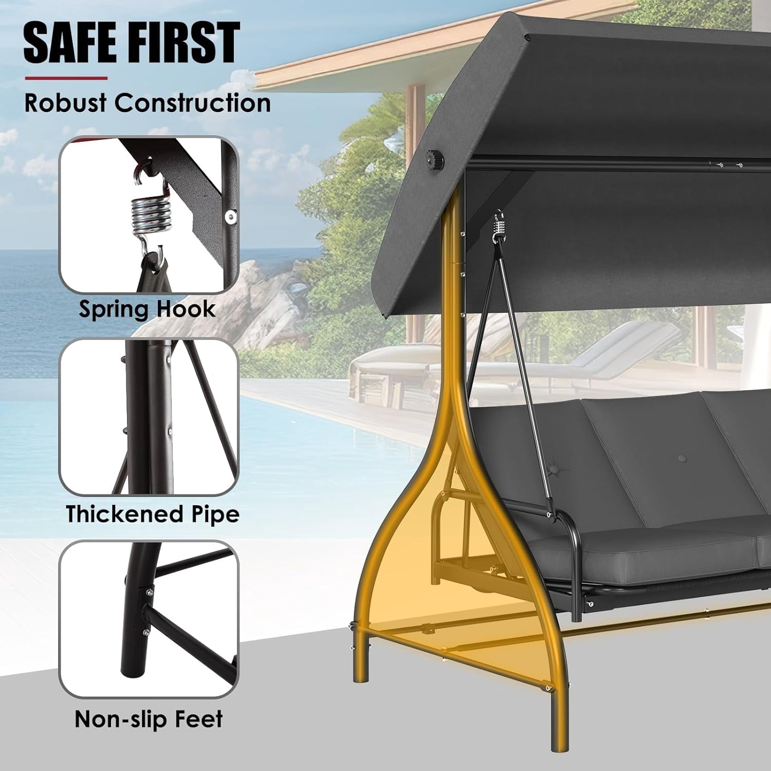 Arlopu 3-Seat Porch Swing, Outdoor Patio Swing Chair with Adjustable Canopy & Removable Cushions, Swing Glider for Garden Poolside Backyard, Gray