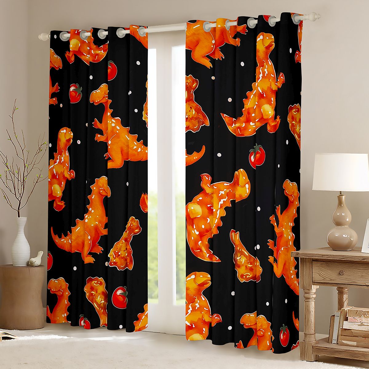 Homewish Retro Rustic Dino Curtains Pack of 2 (42x84 Each),Abstarct Dinosaur Curtains Blackout,Black Orange Bedroom Curtains For Teens,Microfiber Bedroom Decor