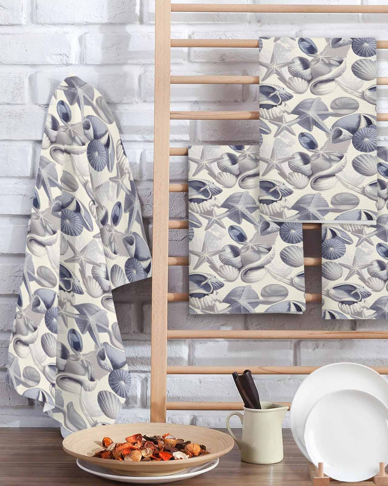 Vintage Coastal Kitchen Dish Towels for Drying Dishes Set of 3, Blue Grey Starfish Shell Conch Waffle Weave Microfiber Terry Hand Tea Bathroom Towels Quick Dry & Absorbent Towel 15.7x23.6