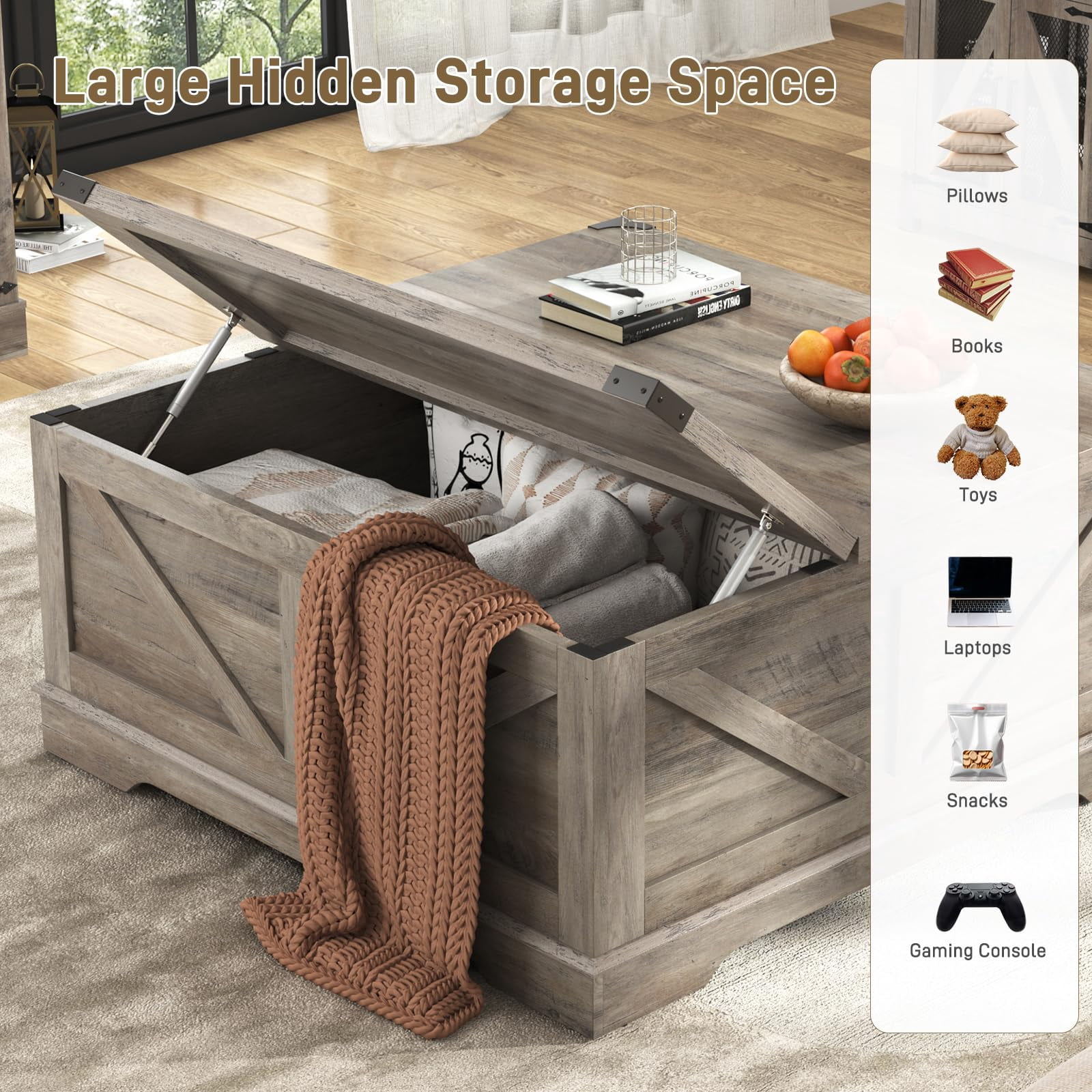 40" Large Farmhouse Lift Top Coffee Table with Power Outlets, Square Wood Living Room Table with Large Hidden Storage, Multi-Function Lift Wooden Barn Door Center Table, Gray