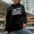 thumbnail image 2 of But First Lipstick, Beauty Themed Merch Gift for Makeup Artist or Lovers, Cosmetologists & Beauticians, Black Hooded Sweatshirt or Hoodie, Small, 2 of 5