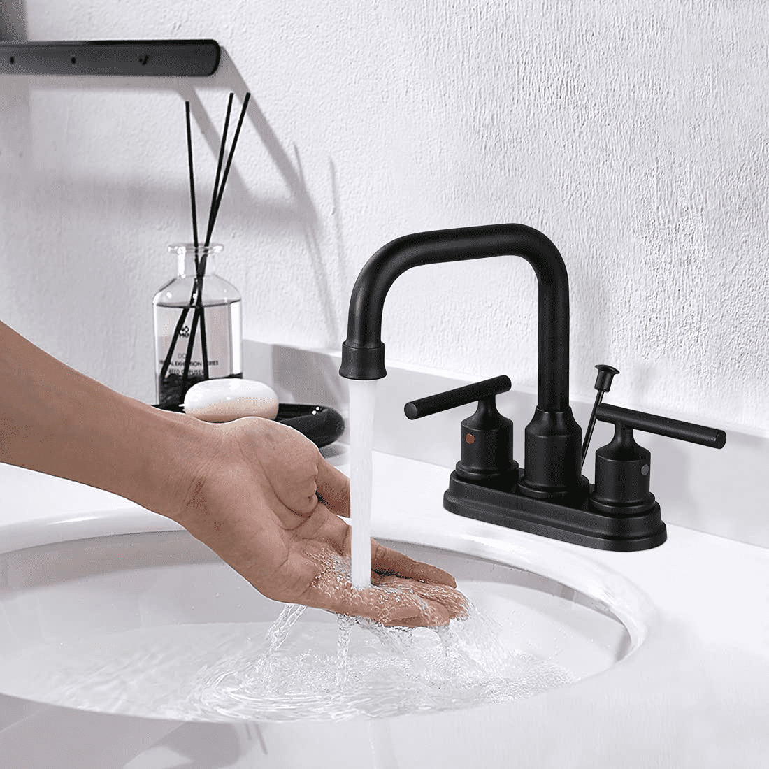 Wowow Centerset 4 in. 2-Handle High-Arc Bathroom Faucet with Drain and Supply line, Matte Black