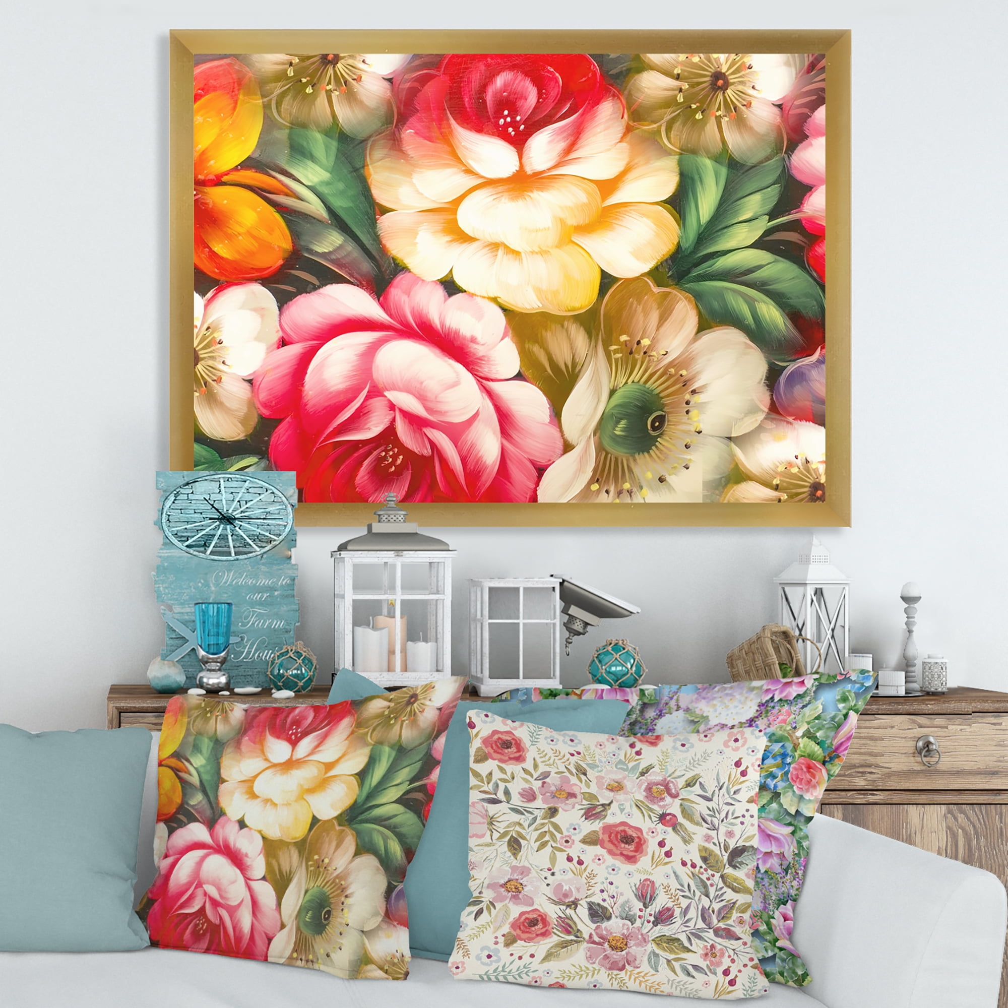 Designart 'Red and Yellow VIntage Flowers' Traditional Framed Art Print