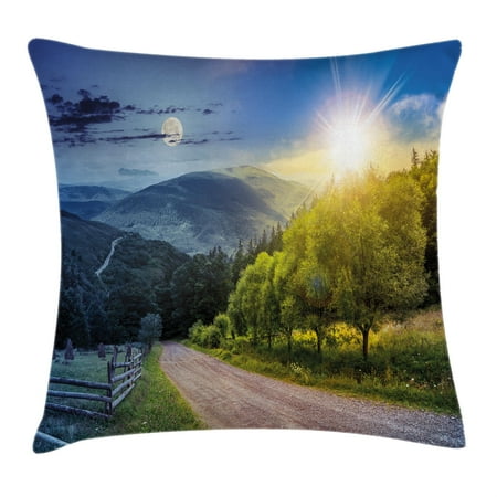 - Farm House Decor Throw Pillow Cushion Cover, Day and Night Collage View with Moon and Sun Horizon Countryside Hillside, Decorative Square Accent Pillow Case, 16 X 16 Inches, Green Blue, by Ambesonne