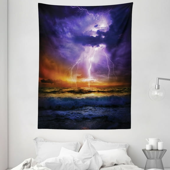 Nature Tapestry, Epic Thunder and the Storm on the Sea Wave Horizon Bad Weather Atmosphere, Wall Hanging for Bedroom Living Room Dorm Decor, 60W X 80L Inches, Purple and Orange, by Ambesonne