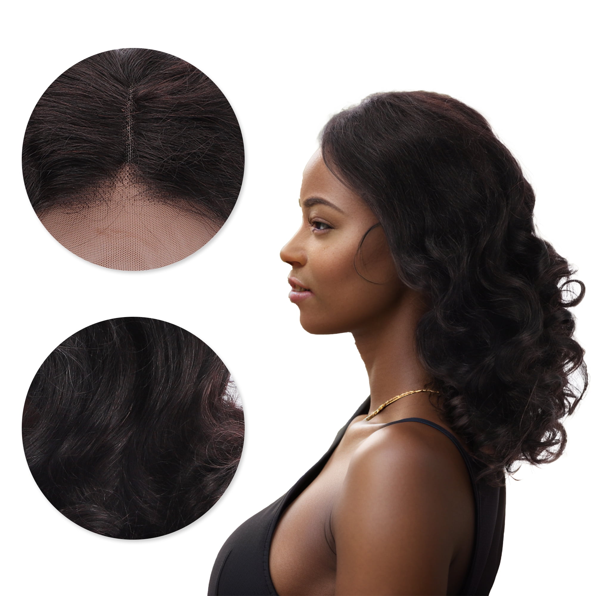 Unique Bargains  1 Pc Wave Curly Long Hair Hair Wig Real Human Hair 14in 13x4in 180 Human Wig Black for Women