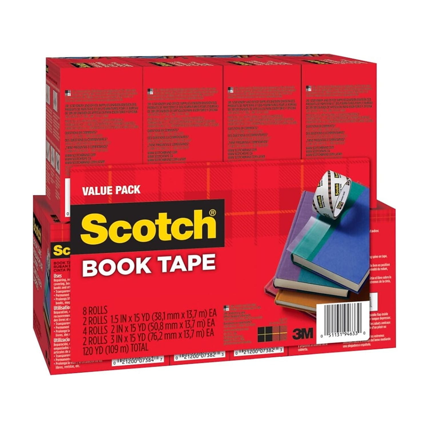 Scotch Book Tape Value Pack, 3" Core, (2) 1.5" x 15 yds, (4) 2" x 15 yds, (2) 3" x 15 yds, Clear, 8/Pack