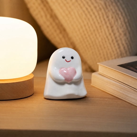 Yardvibe Halloween Ghost Figurines, Cute Ceramics Ghost Statue Handheld Pink Heart for Halloween Decorations, Porch and Indoor Home Office Desk Decor (A)