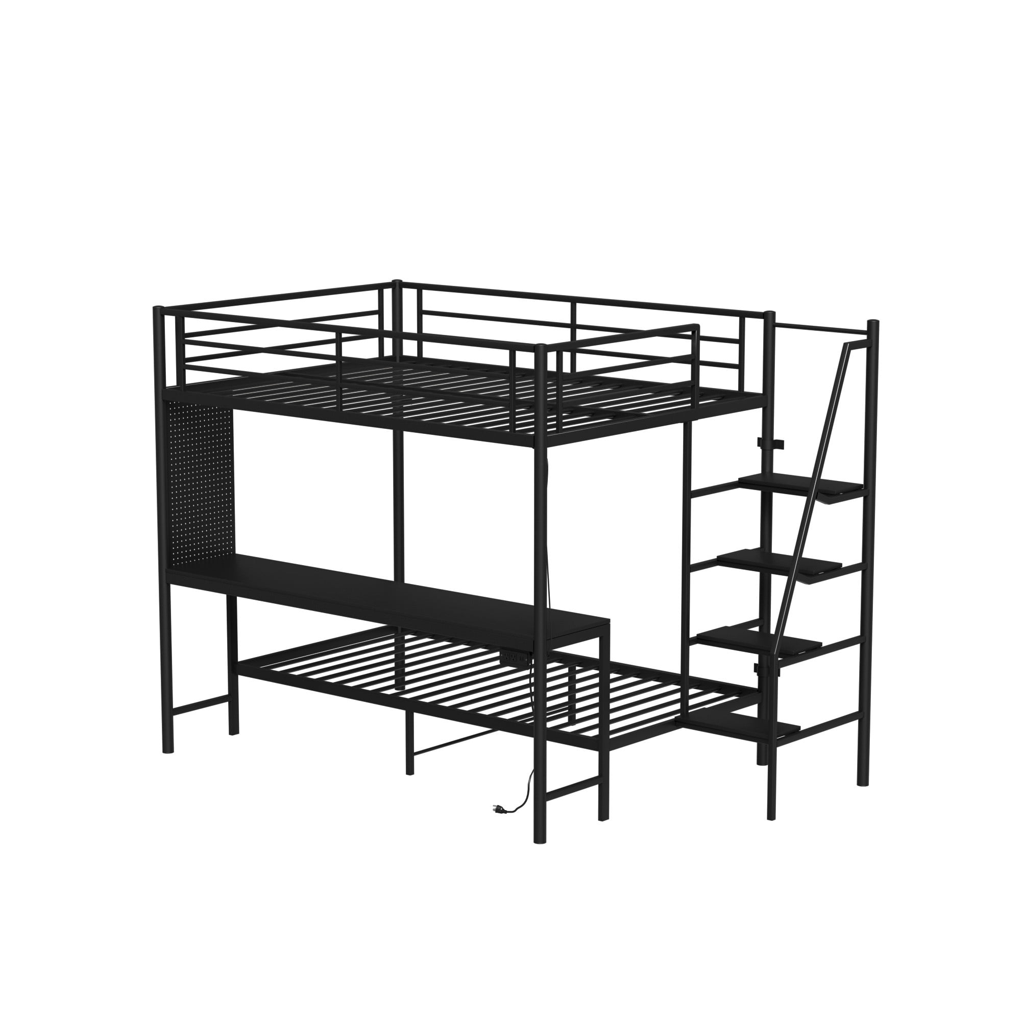 Leumius Full over Full Bunk Bed with Desk and Storage Stairs,Metal Bed Frame with Full Length Guardrails and Ladders, Black