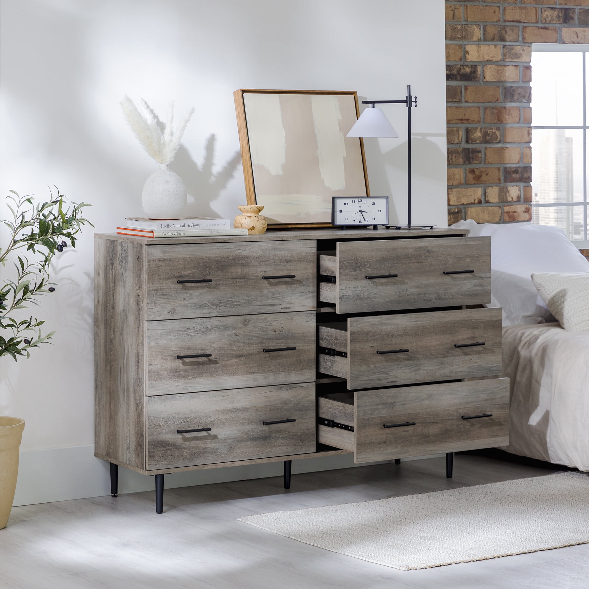 Walker Edison Modern Rustic Wood 6-Drawer Grey Wash Storage Console