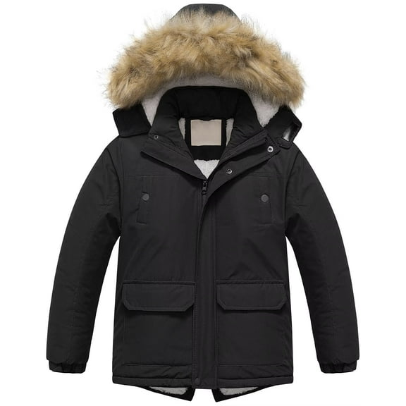 Chrisuno Boys' Winter Heavyweight Parka Jacket Warm Winter Coat Ski Clothes Fleece Thicken Outerwear Black 10-12