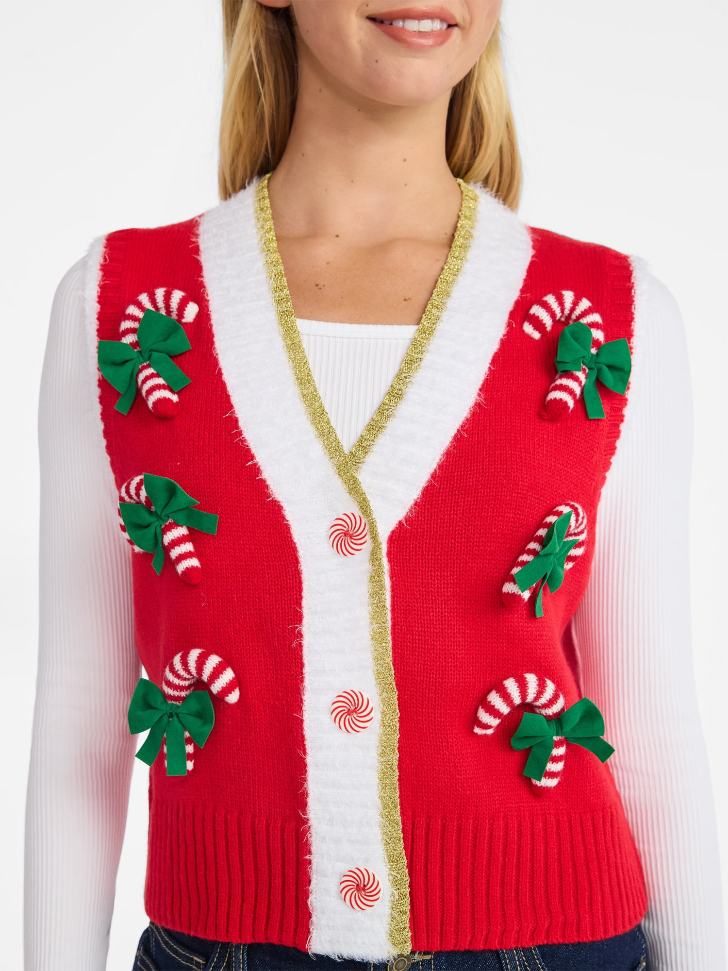 No Boundaries V-Neck Button Front Christmas Vest, Women’s