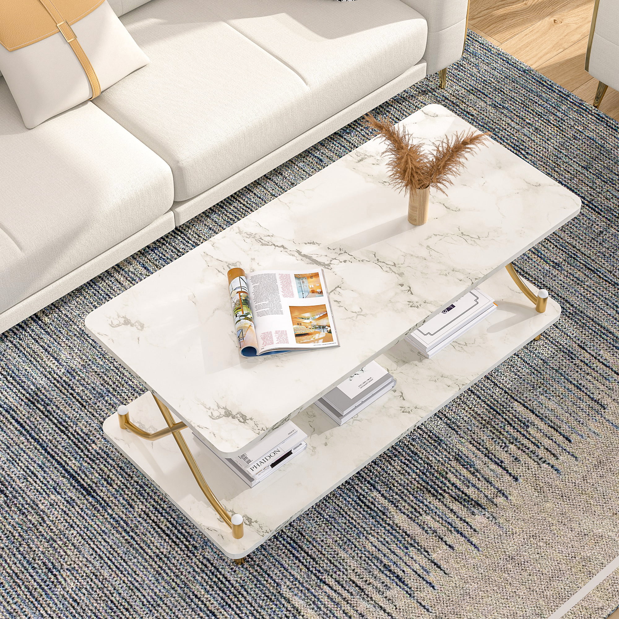 VECELO Rectangle Coffee Table with Storage Shelf, Modern X-Design Side Metal Frame for Living Room Office, White & Gold