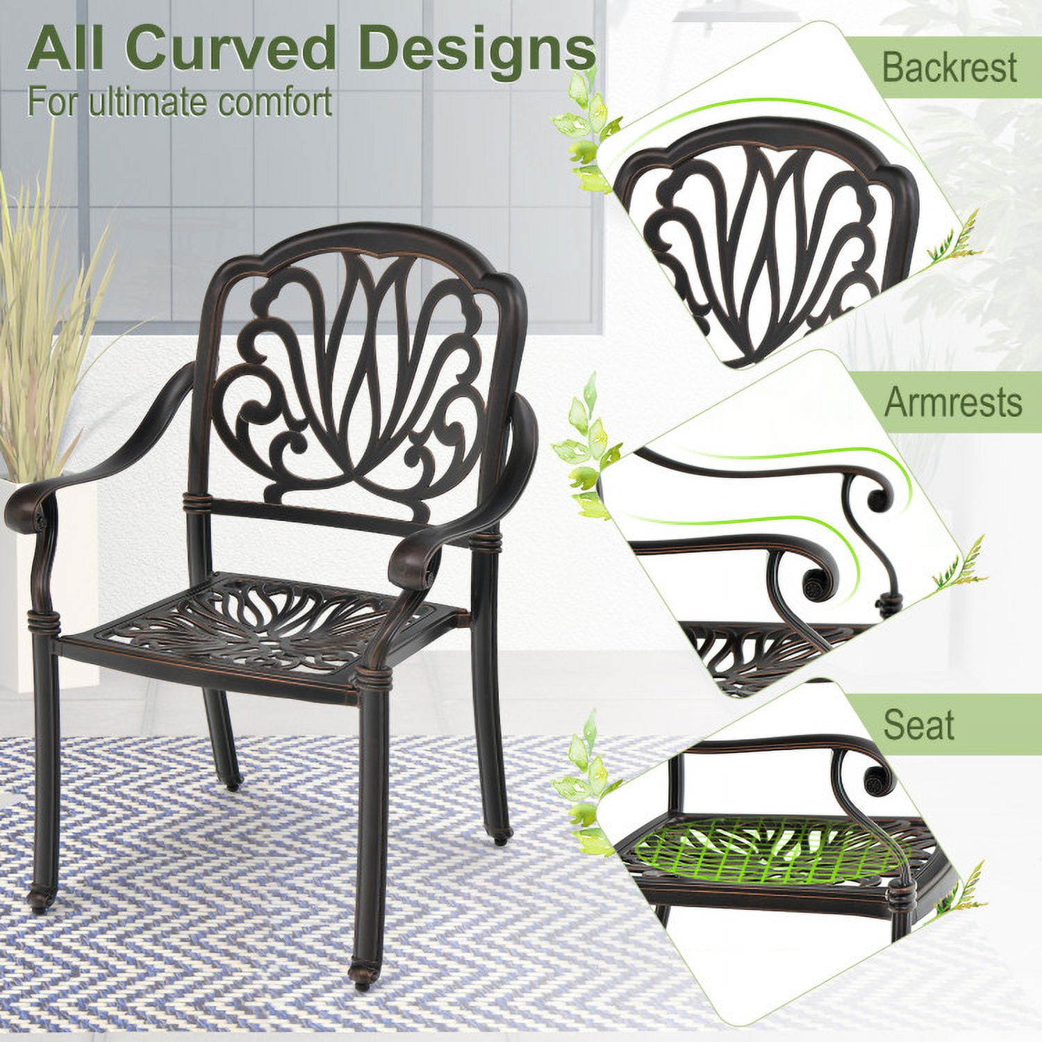 Aimee Lii 2 Pieces Patio Cast Aluminum Dining Chairs with Armrests, Outdoor Patio Set, Bronze