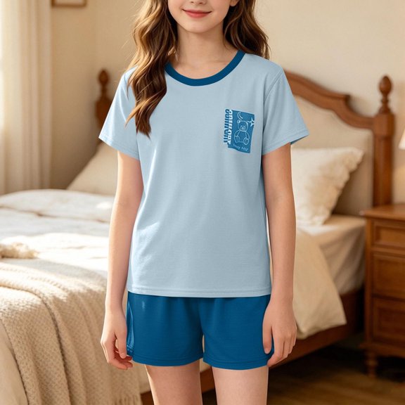 Amidoa Girls Summer Outfit Sets 2 Piece Graphic T-Shirt Short Sleeve and Shorts Set Kids Clothing Sets Blue Size 6