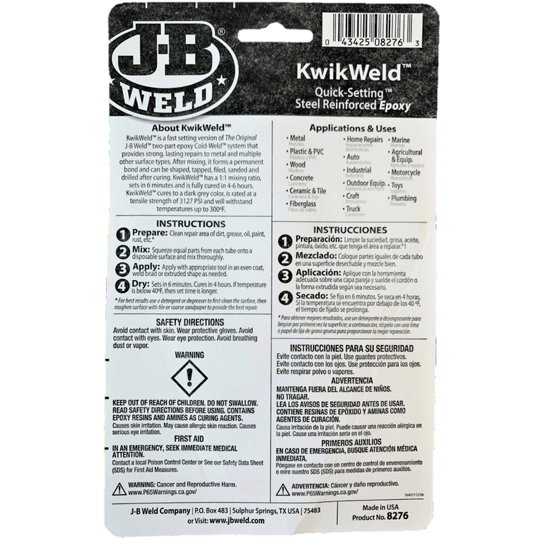 J-B Weld Epoxy Glue Steel Reinforced 6 Minutes KwikWeld