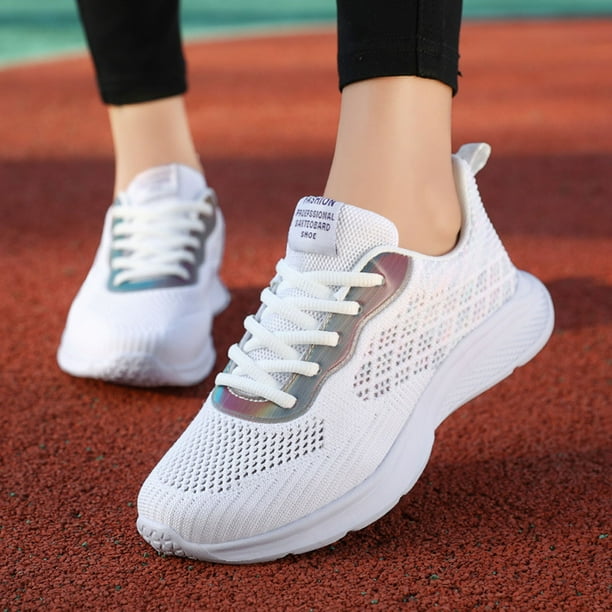 XIAQUJ Ladies Shoes Fashion Casual Mesh Breathable Lightweight Damping Absorbing Soft Sole Lace up Sport Shoes Women s Fashion Sneakers White 7.5 39