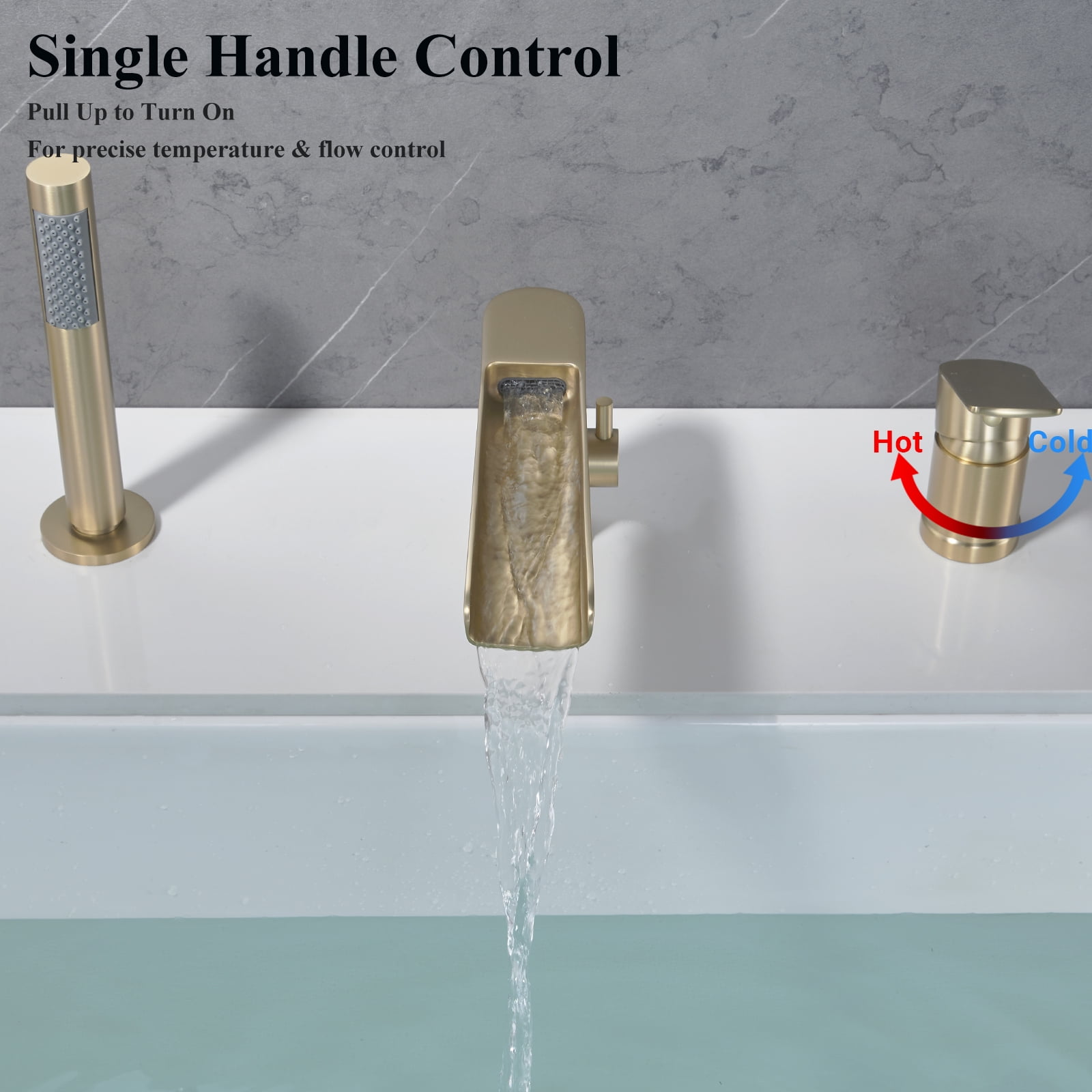 Roman Bathtub Faucet with Handheld Shower Sprayer Deck Mount 3-Hole Tub Filler Faucet Set, Brushed Gold Waterfall Roman Tub Faucet with Valve Included