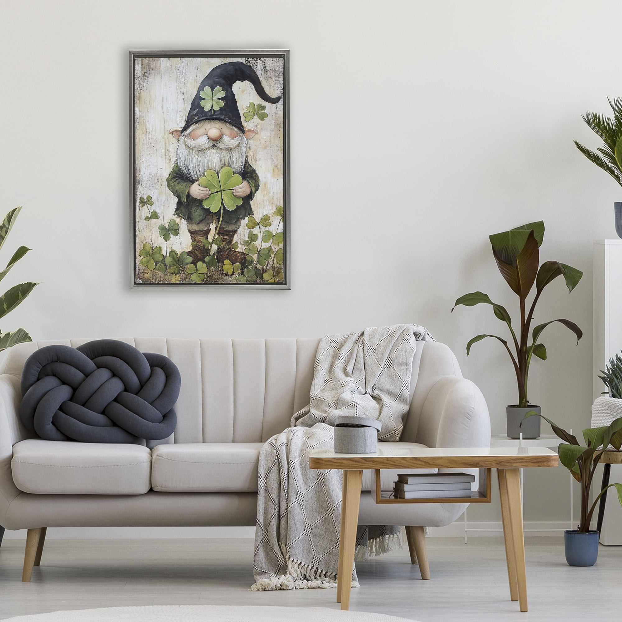 Stupell Industries Cottage Shamrock Gnome Gray Framed Floater Canvas Wall Art, design by Tina LeCour