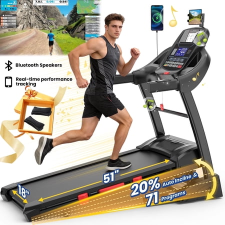 Treadmill With Auto 20% Incline,5HP Folding Treadmills for Home Running Walking ,Max 12MPH Speed,300-400 lbs Weight Capacity, App Control, Free Courses