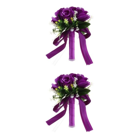 Masteelf 2pcs Wedding Bridal Bouquets Artificial Rose Flower Bouquet Bridesmaid Flowers With Silk Ribbon Bowknot For Wedding Valentines Day Decoration Purple