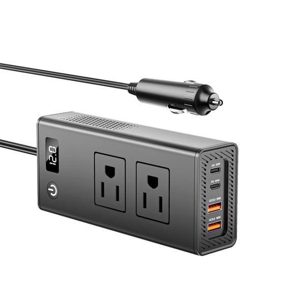 200W Car Power Inverter 12V to 110V, 2 AC Outlets and USB Port, Car Plug for Camping